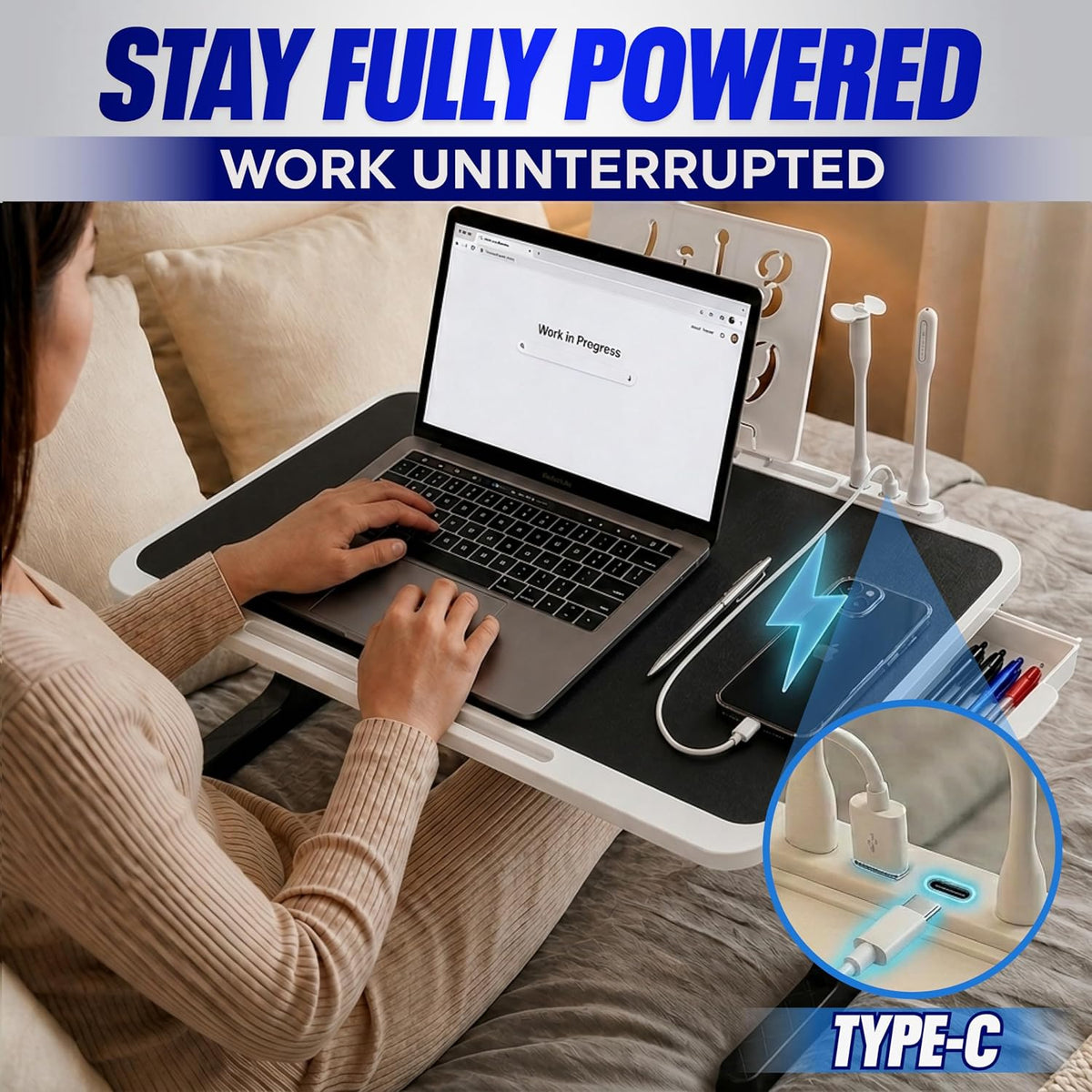 USB-C LED Light Foldable Lap Desk with LED Lamp, Cooling Fan & Book Stand...