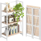 4NM No Assembly Folding Bookshelf Storage Shelves 3 Tiers Vintage Bookcase