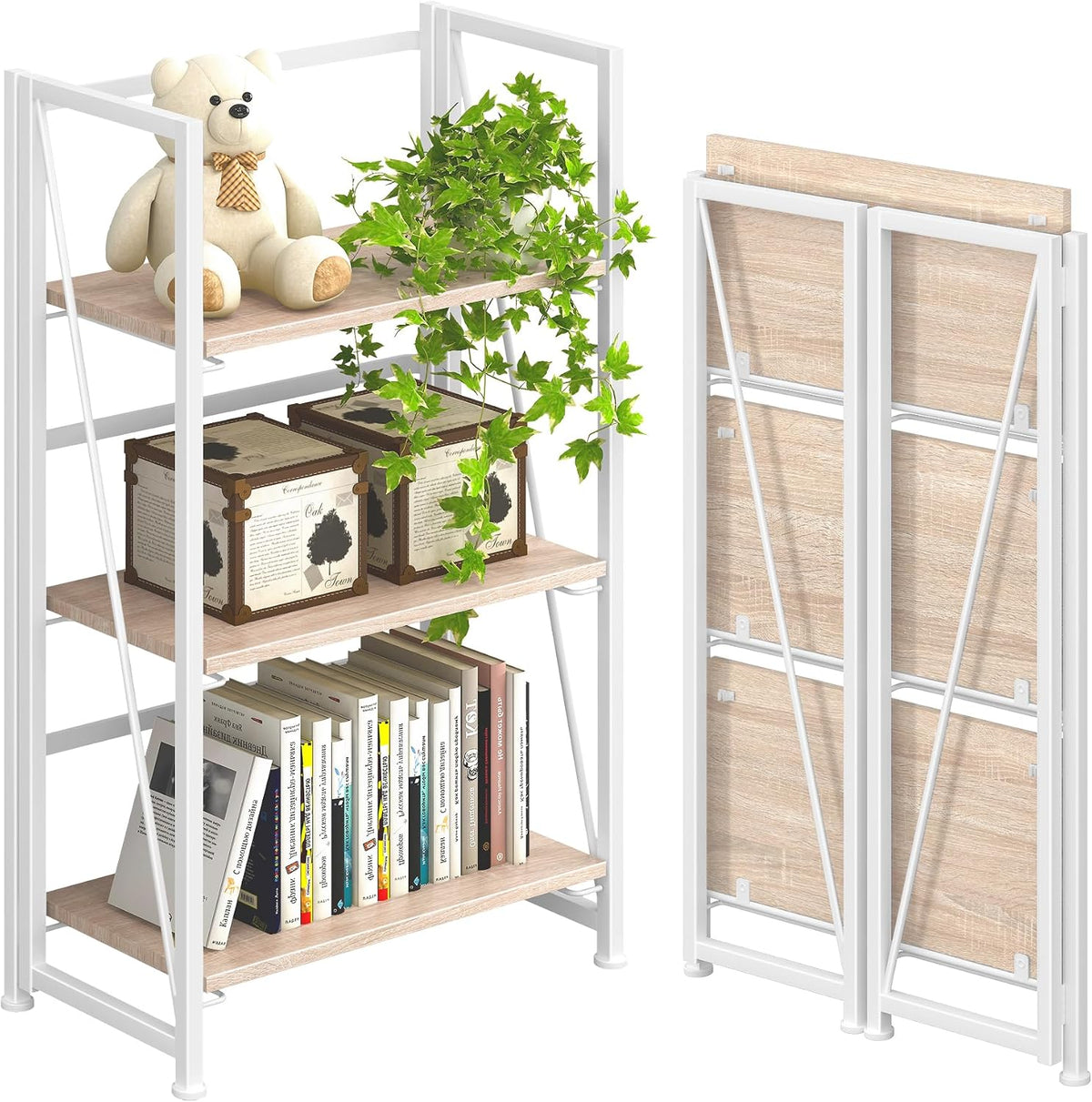 4NM No Assembly Folding Bookshelf Storage Shelves 3 Tiers Vintage Bookcase