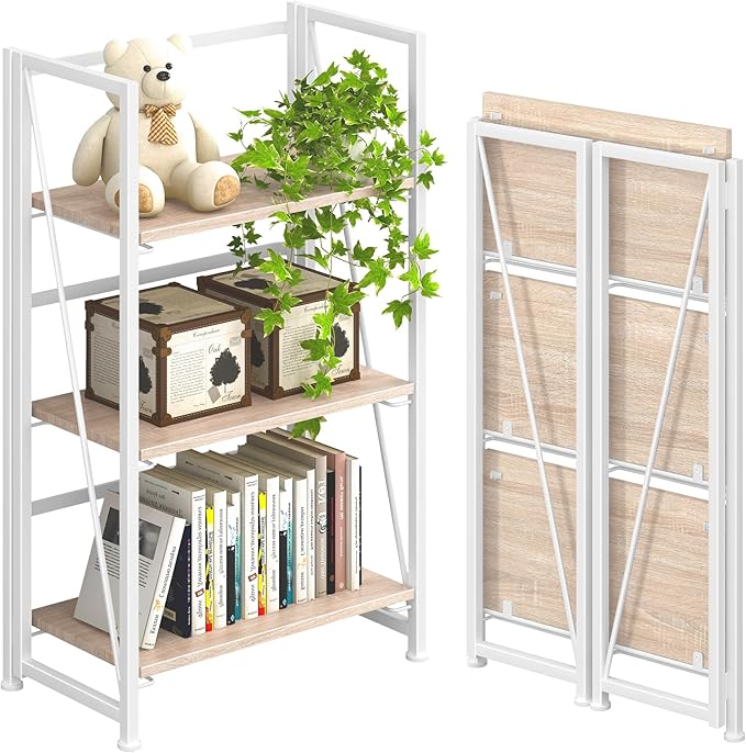 4NM No Assembly Folding Bookshelf Storage Shelves 3 Tiers Vintage Bookcase by 4NM