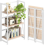 4NM No Assembly Folding Bookshelf Storage Shelves 3 Tiers Vintage Bookcase by 4NM