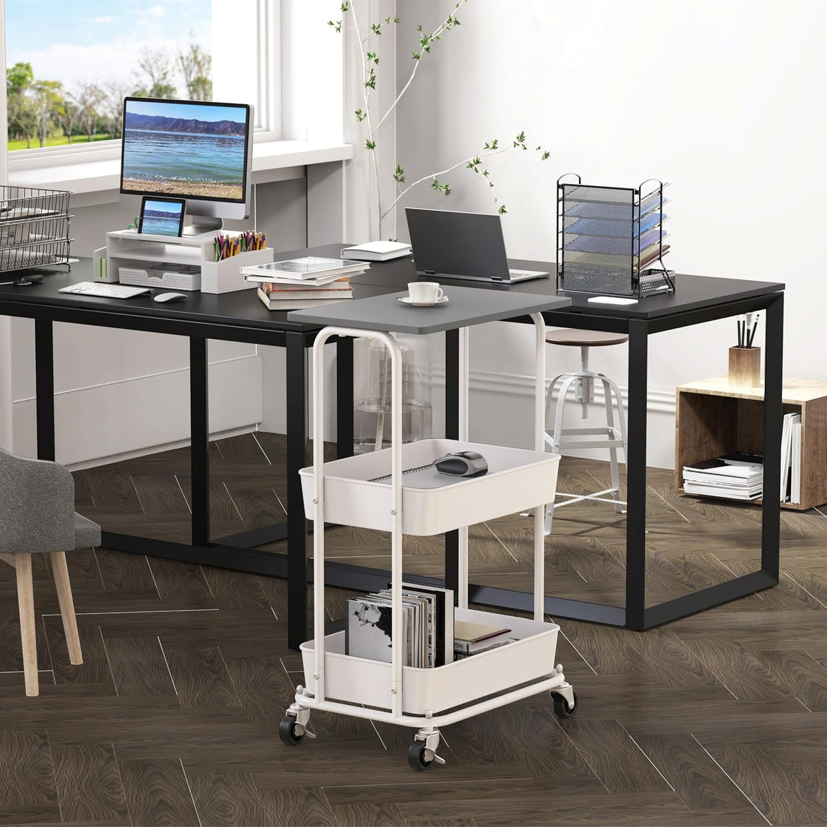 Simple Houseware 2-Tier Rolling Utility Cart Wood Top/Lockable Wheel, Gray