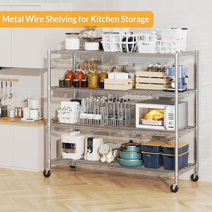 Himimi Storage Shelves with Wheels, 4-Tier Heavy Duty Steel Wire Rack Storage - Image 3