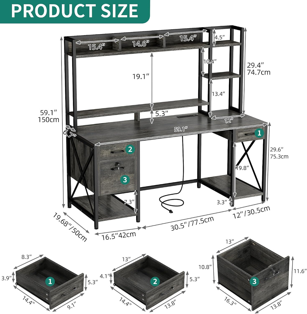 YITAHOME Grey Gaming & Office Desk, 59.1" Top, Hutch, 3 Drawers, LED