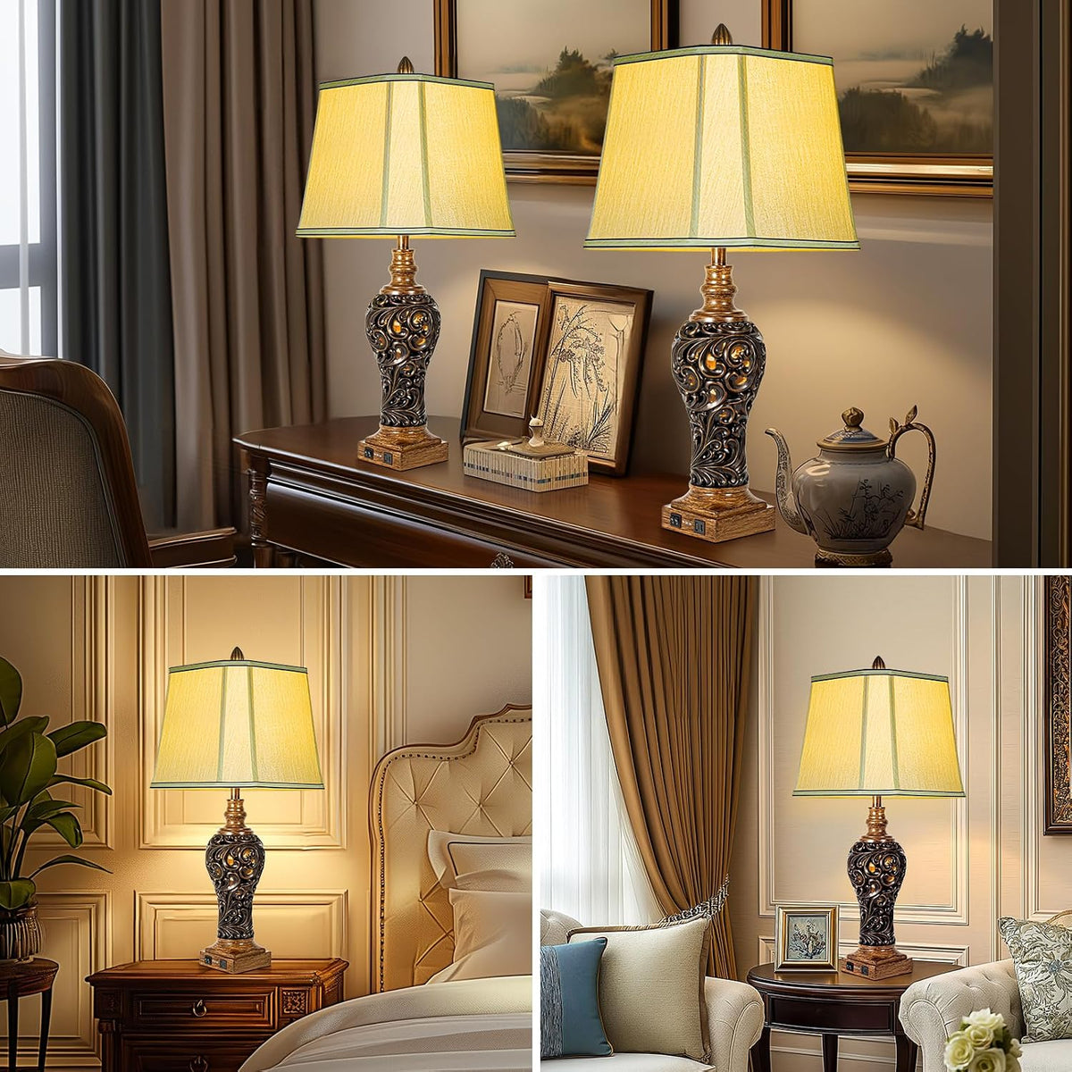 32'' Tall Rustic Vintage Table Lamps Set of 2 with Night Lights, Larg...