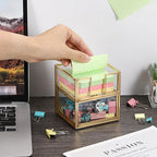 BTSKY Golden Glass 3x3 Inch Sticky Note Holder with Drawer, Elegant Post It Note Dispenser with Non-Slip Pads Clear Notepad Holder for Desk Organization Planning, Home Office Decor