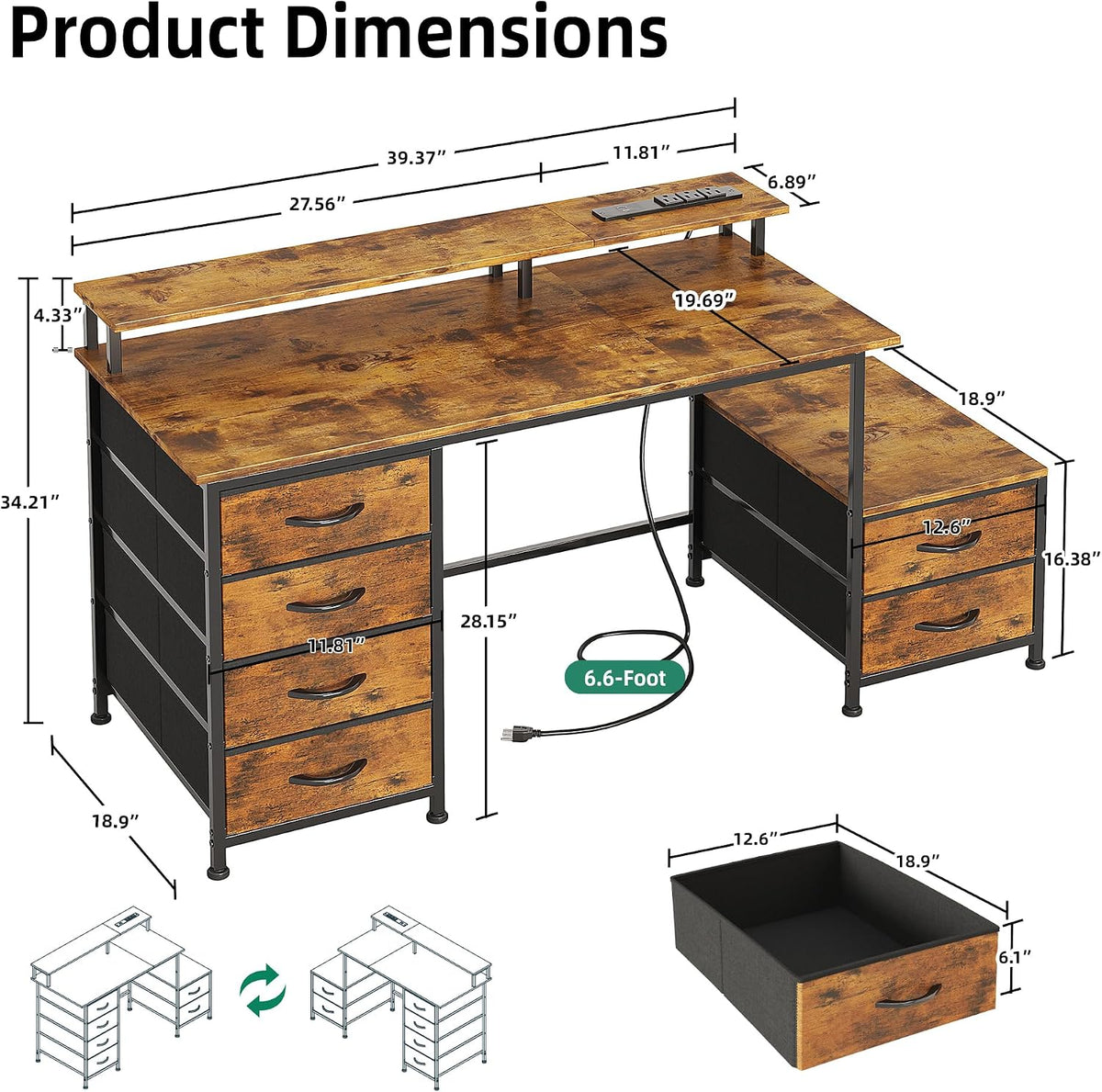 52 Inch Office Desk with 6 Drawers and Printer Space for Storage, Reversible ...