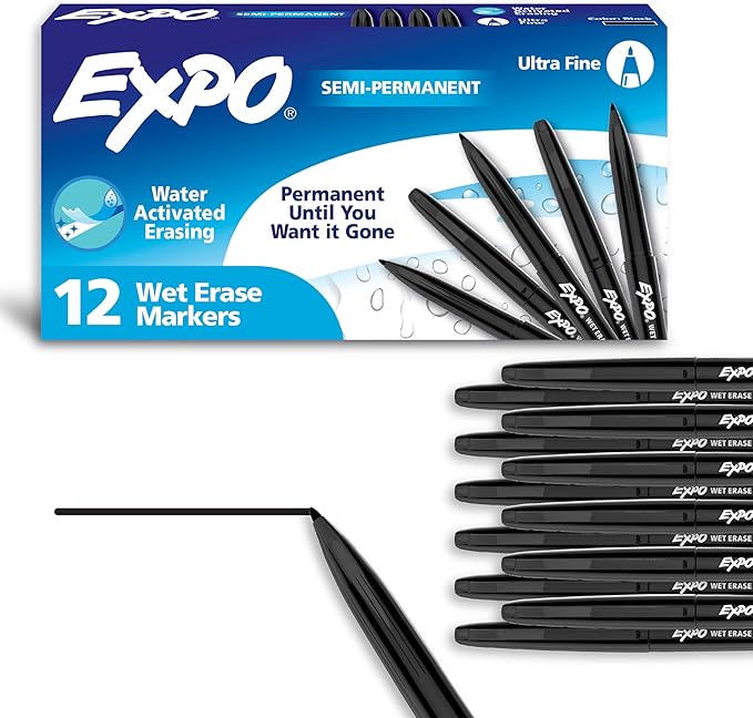 EXPO Visa Vis Wet Erase Markers Fine Point Black 12-Pack Ideal by EXPO