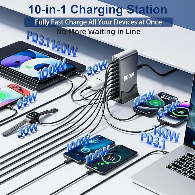 800W USB C Fast Charger Block, Dual PD3.1 140W 10 Port USB Charging Station - Image 2