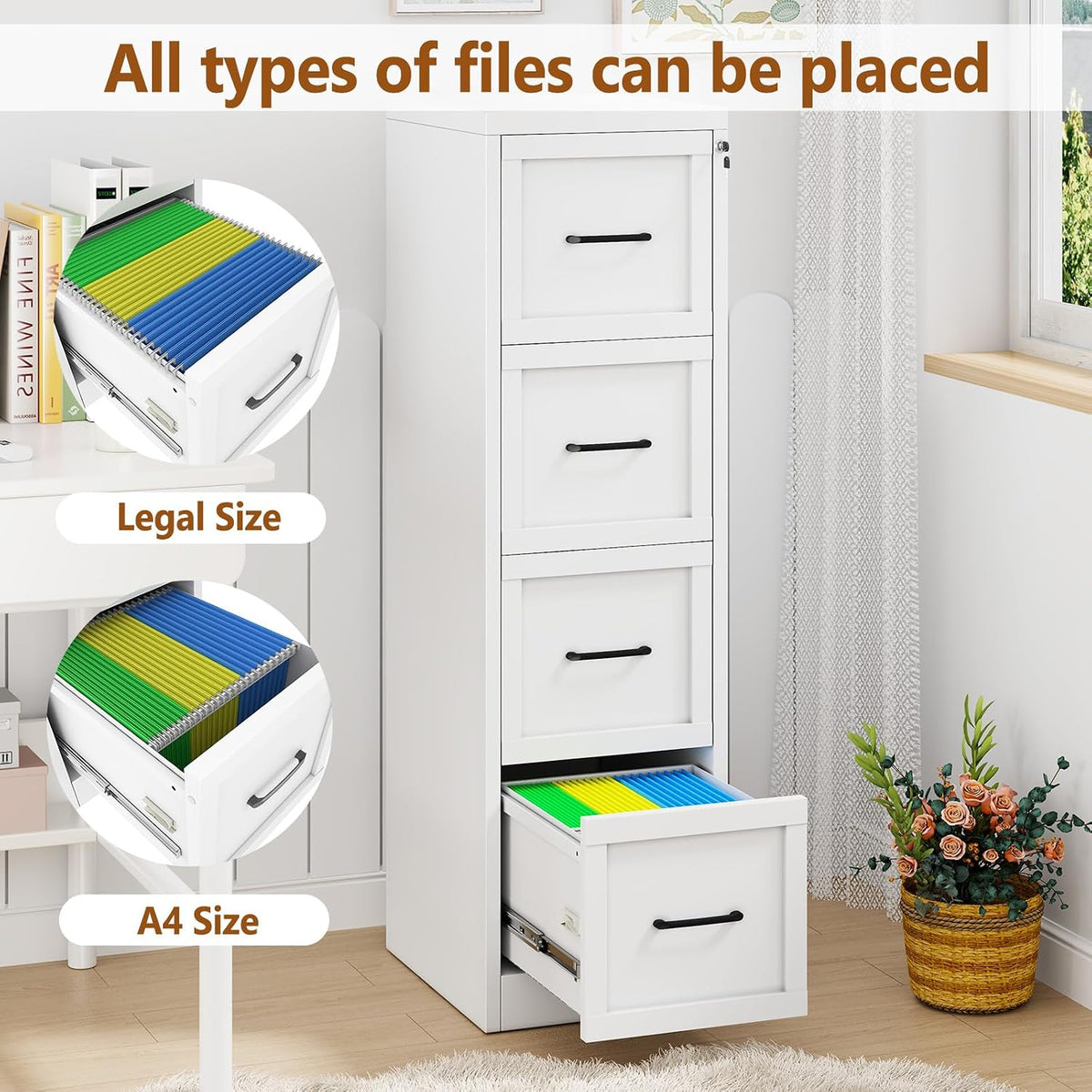 4 drawer metal file cabinet with lock,narrow vertical, side view