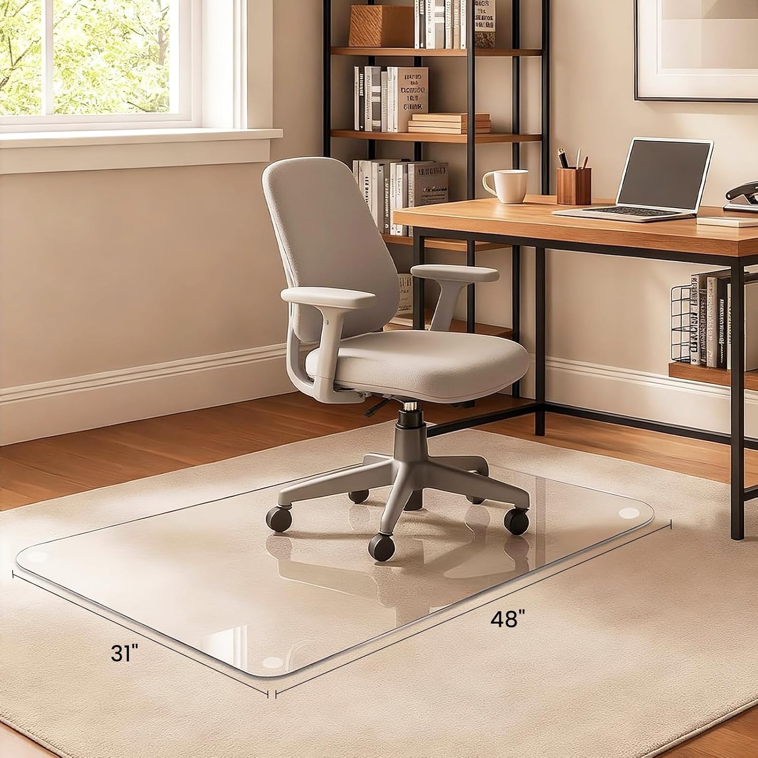Tempered Glass Chair Mat, 48" x 31" Glass Office Chair Mat, 1/5" Thick Clear Floor Mat with Anti-Slip Pads, Heavy Duty Glass Mat for Carpeted and Hard Floor