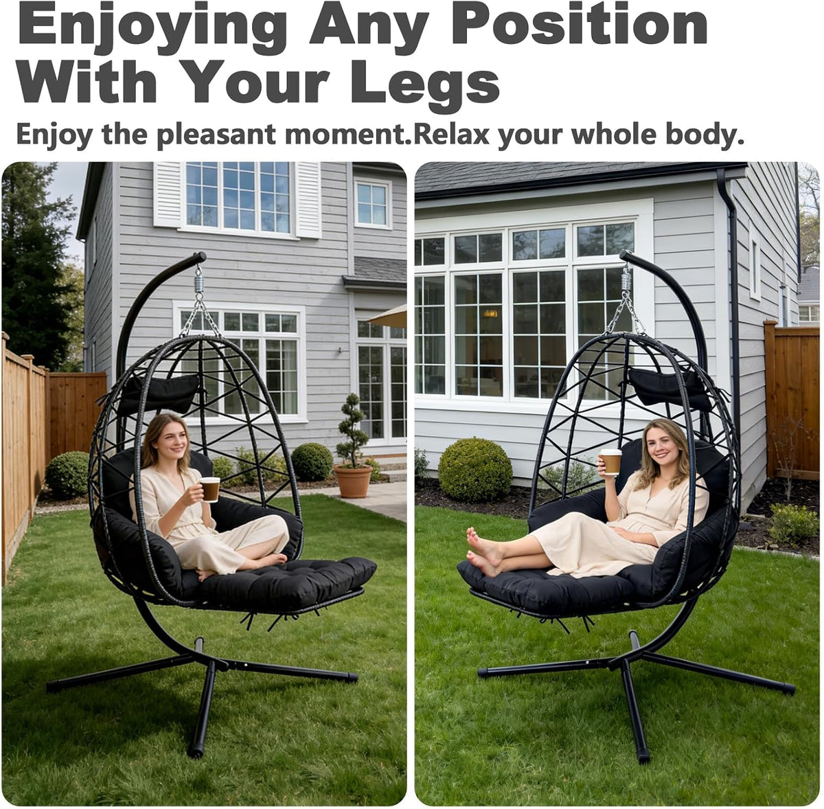 Hanging Egg Chair with Footrest & Stand, Wicker Rattan Swing Hammock Chai...