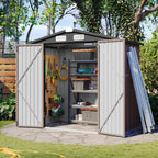 aoxun 6x4 ft outdoor storage shed, brown shown in use