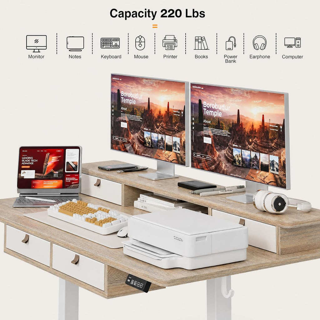 Grandder Electric Standing Desk with Four Drawers, Sit to Stand Up Height Adjustable Desk with Storage Shelf for Home Office, 47 * 28 Inch, Study, Ergonomic Adjustable Computer Desk, Maple