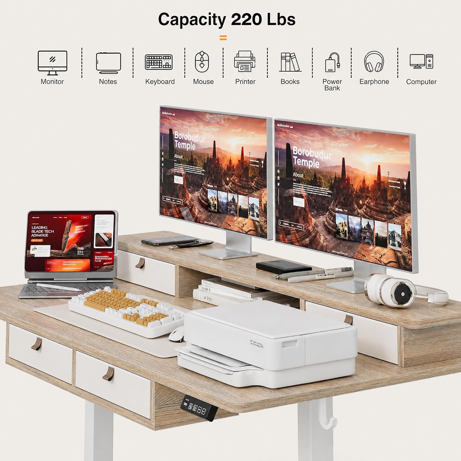 Grandder Electric Standing Desk with Four Drawers, Sit to Stand Up Height Adjustable Desk with Storage Shelf for Home Office, 47 * 28 Inch, Study, Ergonomic Adjustable Computer Desk, Maple