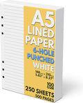A5 Lined Paper 6-Hole Punched, 250 Sheets (500 Pages), 100 GSM, A5 Binder Refill, 6-Ring Binder Inserts