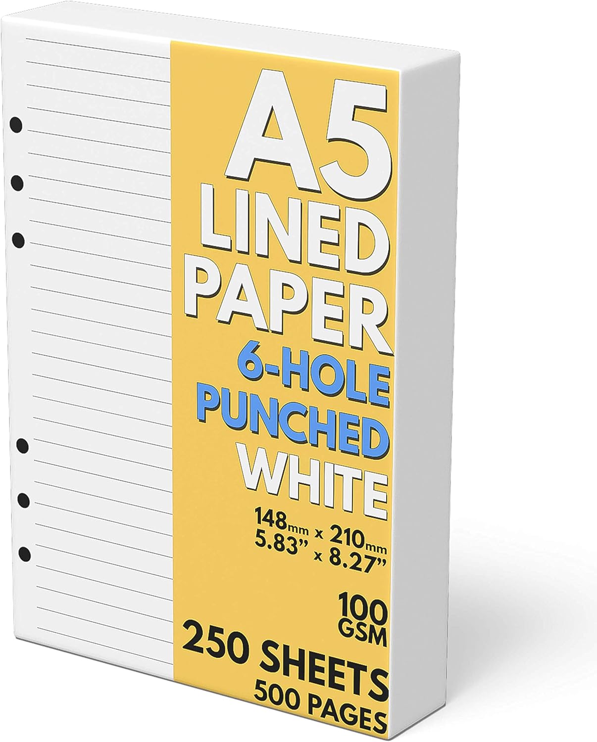 A5 Lined Paper 6-Hole Punched, 250 Sheets (500 Pages), 100 GSM, A5 Binder Refill, 6-Ring Binder Inserts