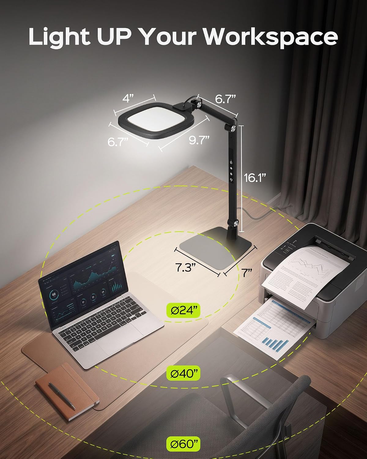 led desk lamps for home office, 18w bright showing dimensions