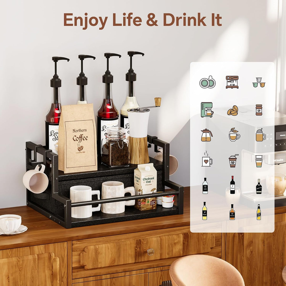 Homeiju Coffee Syrup Organizer Rack, 2-Tier Bottle Coffee Bar Accessories