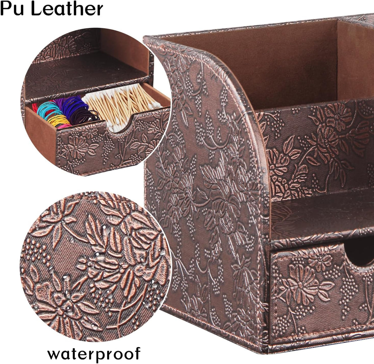 PU Leather Tissue Box Cover Square with Drawer Storage and Tray on Top