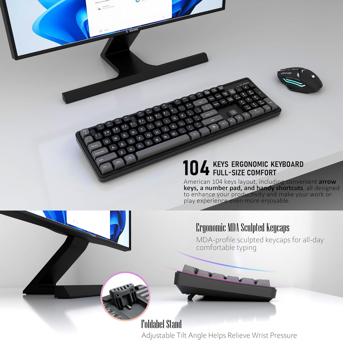 Rechargeable Wireless Keyboard and Mouse Combo, Full-Size - Black-Gray