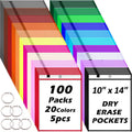 Oleitodh 100 Packs Oversized Reusable Dry Erase Pocket Sleeves with 6 Rings, 20 Assorted Colors 10x14 Ticket Holders, Clear Plastic Sheet Protectors, Teacher School Classroom Supplies