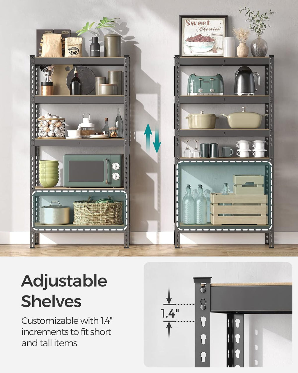 songmics 5-tier storage shelves, load 2310 lb, garage showing dimensions