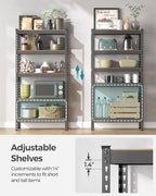 songmics 5-tier storage shelves, load 2310 lb, garage showing dimensions
