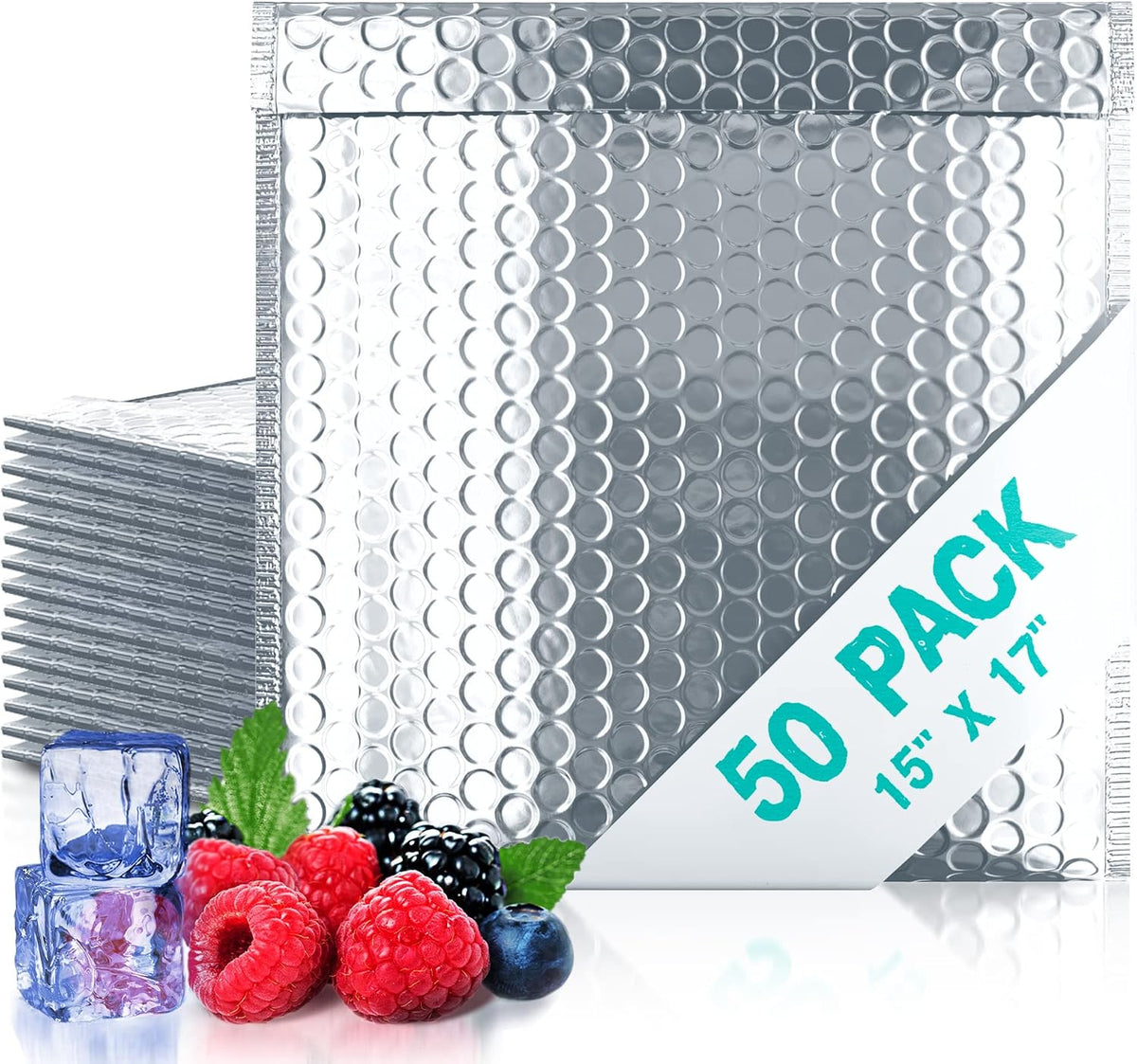 Amiff Silver Thermal Bubble Mailer, 15 x 17 Inches. 50 Pack Metallic Bubble