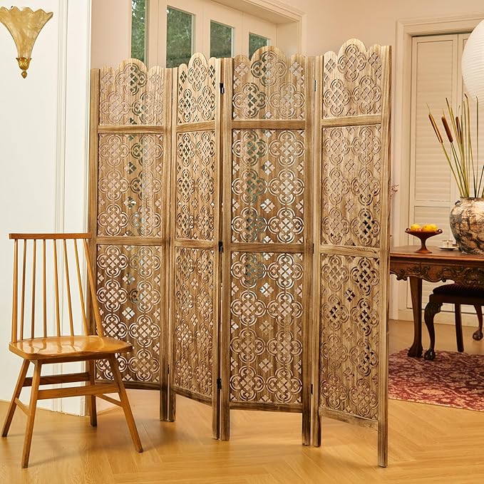 68.9Inch Folding Room Divider, 4 Panels Wood Carved Privacy Screens - Image 2