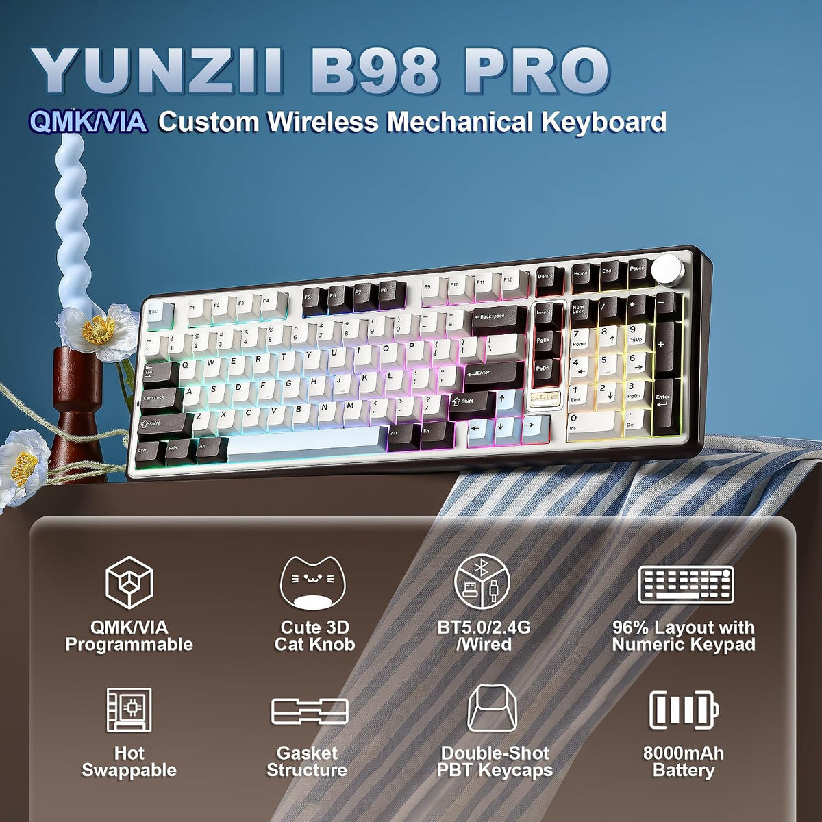 YUNZII B98 PRO 96% Wireless Mechanical Keyboard(Coffee Brown, Milk Switch)