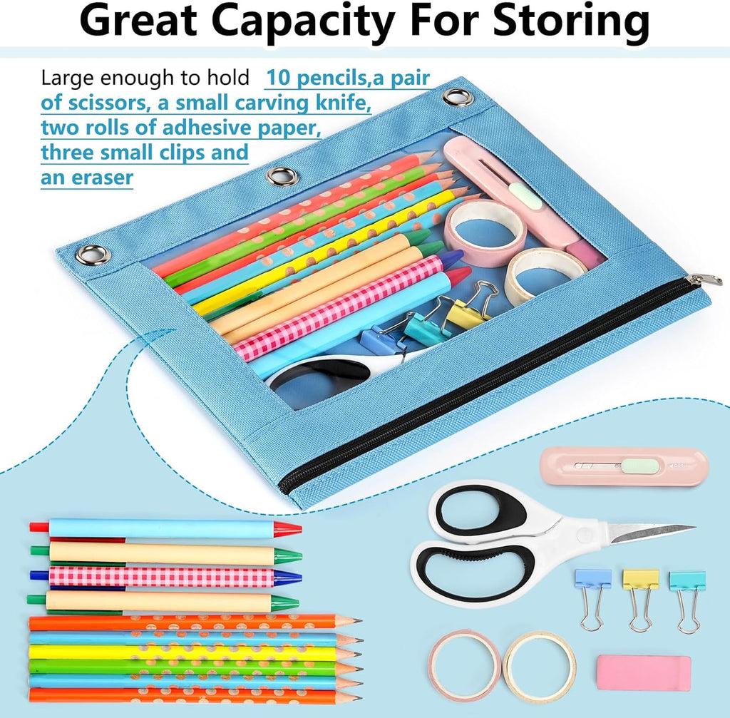 Forvencer 6 Pack Pencil Pouches for 3 Ring Binder, Smooth Zipper Pencil Bag | Pencil Pouch, Multi-Color Pencil Case for Binder, Clear Top Binder Pencil Pouch, Pencil Bag with 3 Re-enforced Grommets