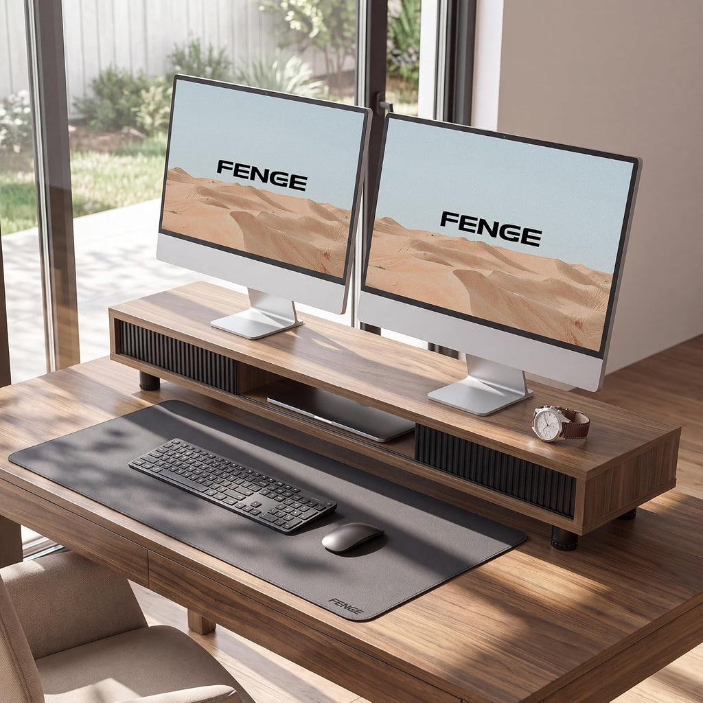 fenge dual monitor stand with storage, desk shelf showing dimensions