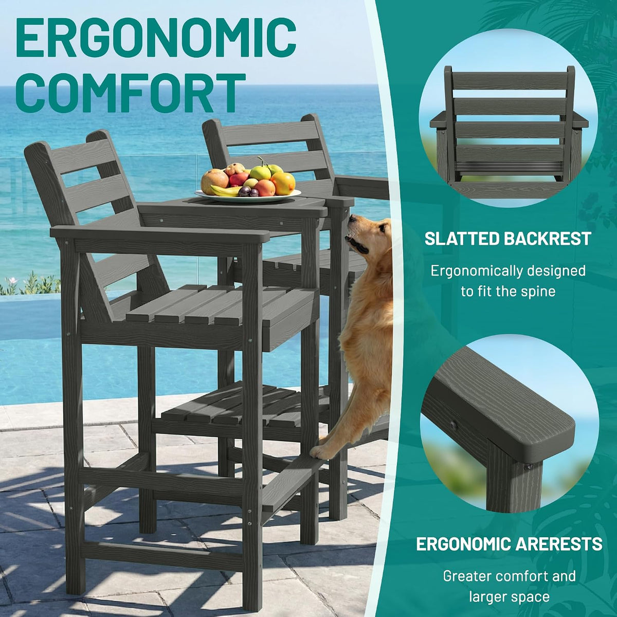 PLUUV Tall Adirondack Chairs Set of 2 with Double Connecting Trays,Gray