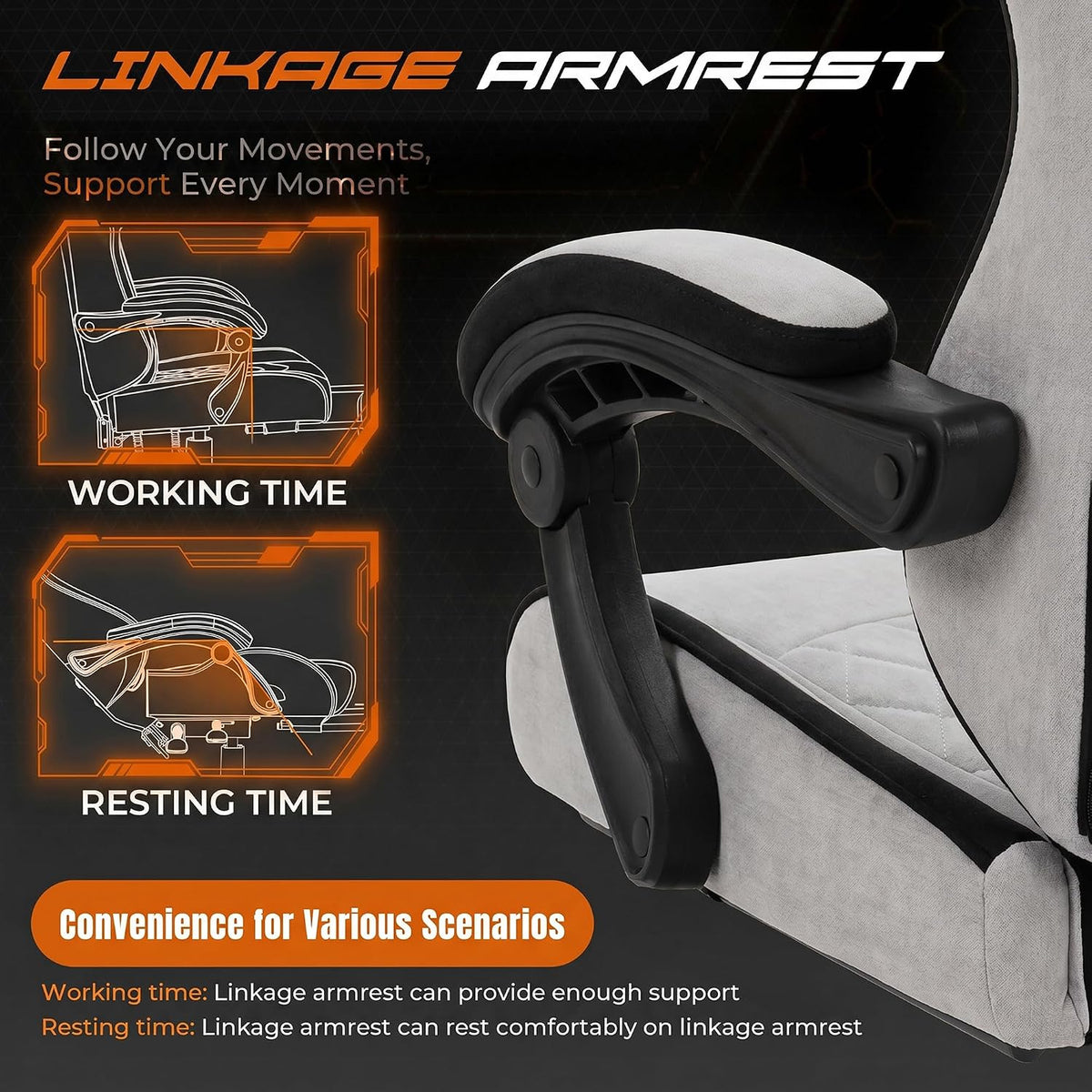 Gaming Chair for Adults, Computer Chair Fabric, Footrest, Reclining, Gray