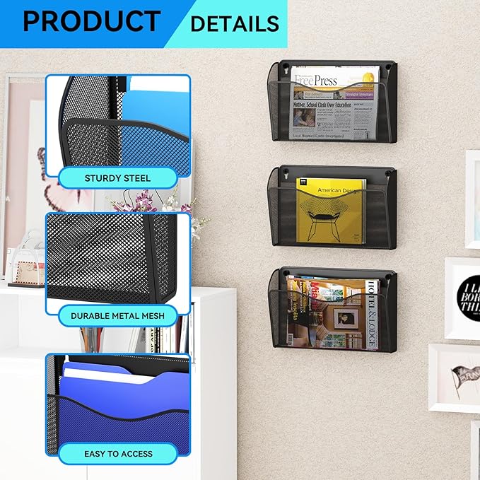 GDINDINFAN 3 Single Pocket Wall File Holder, Mesh Hanging File Folder Paper - Image 4
