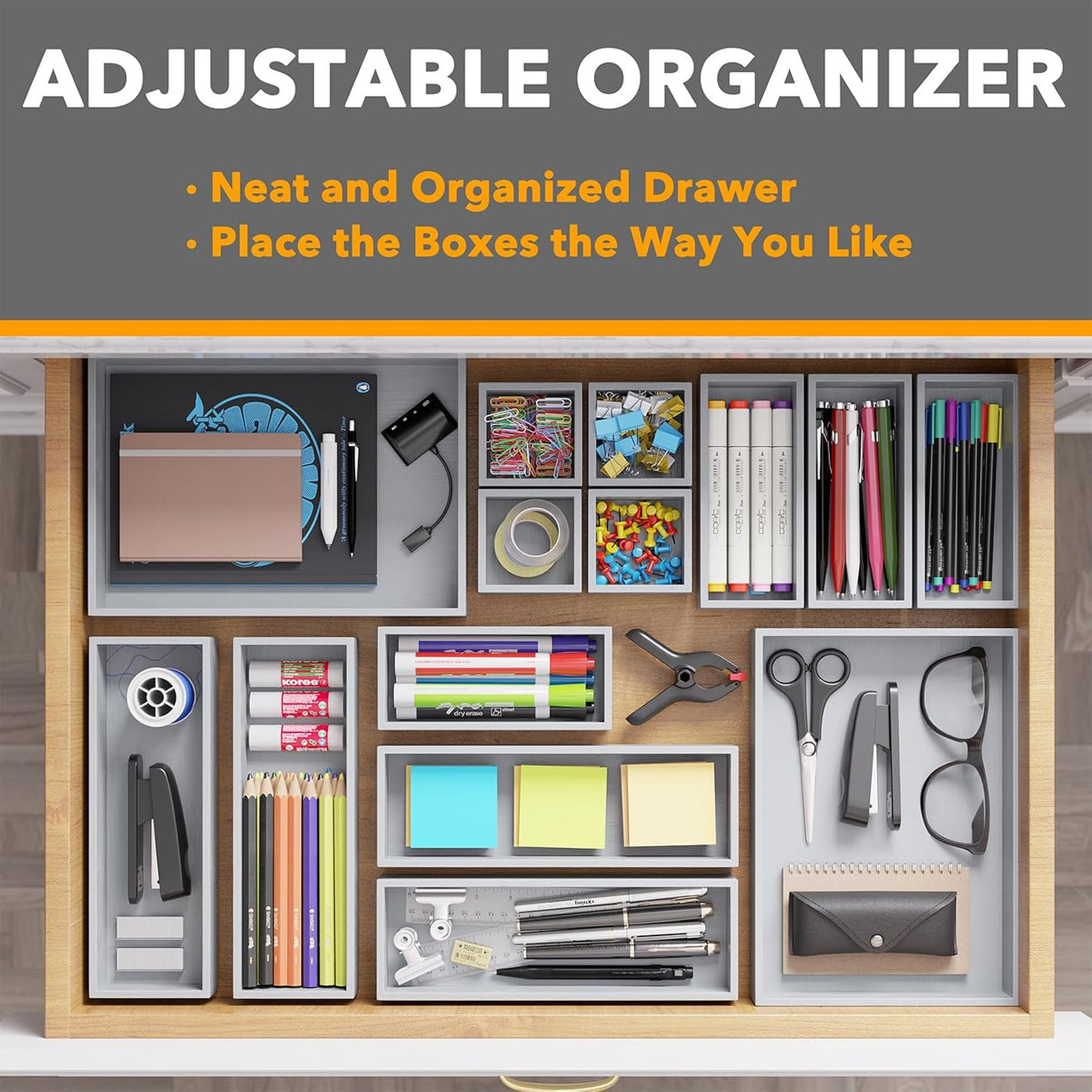 SpaceAid 14-Piece Bamboo Drawer Organizer Storage Boxes Set, Wood Tray Junk D...