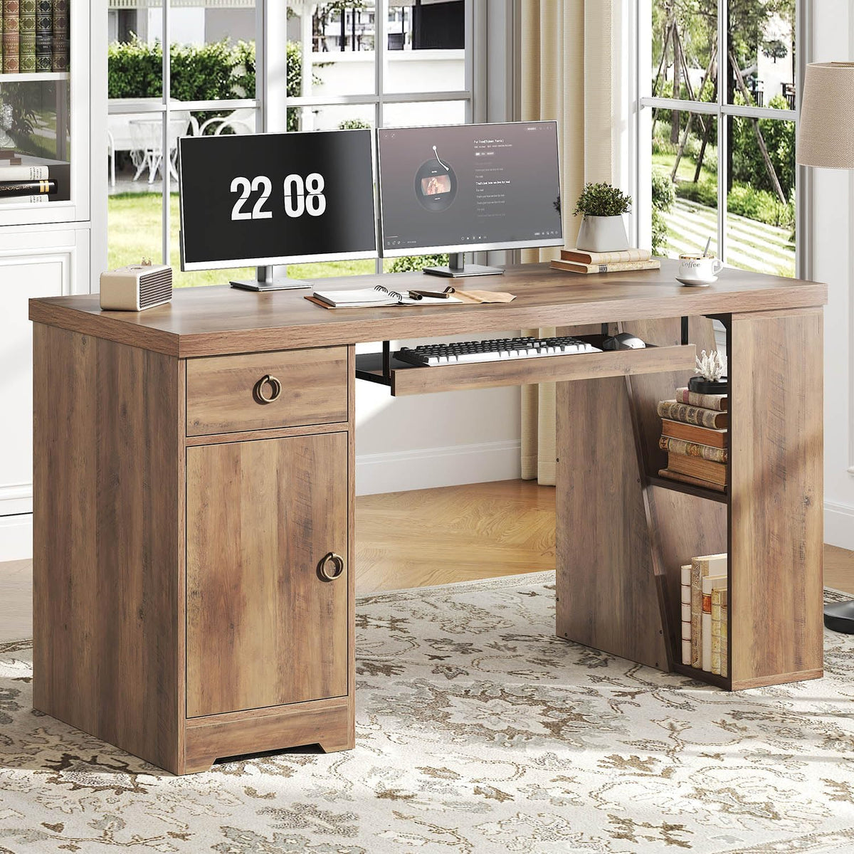 HSH Office Desk with Keyboard Tray, Computer Desk with Storage, 55 Inch