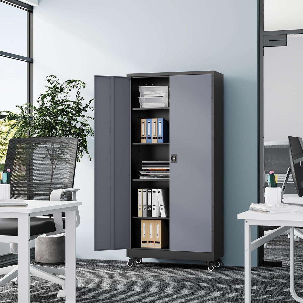 fesbos metal rolling storage cabinet-74.6” tall steel file shown in use