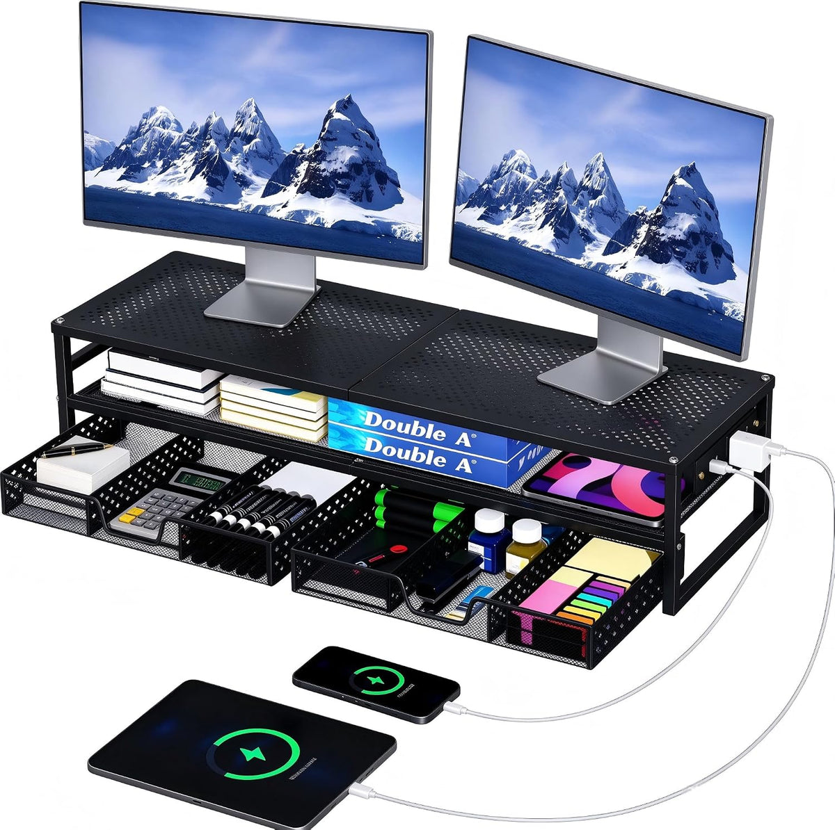 simple trending 2-tier metal dual monitor stand with shown in use