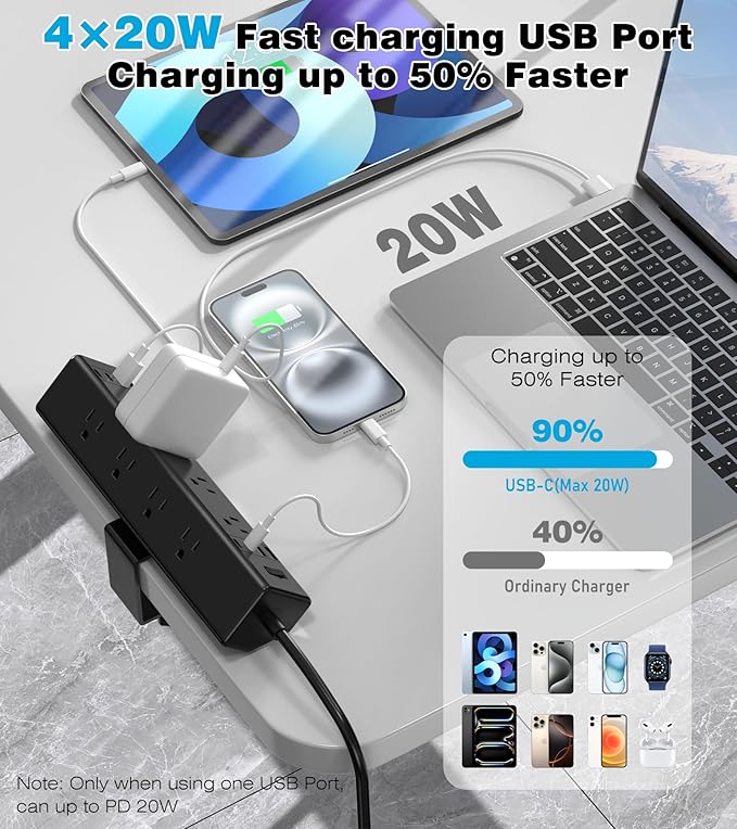 40W Fast Charging Station, Desk Clamp Power Strip, 4 USB-C Ports & 8 AC Outlets - Image 2
