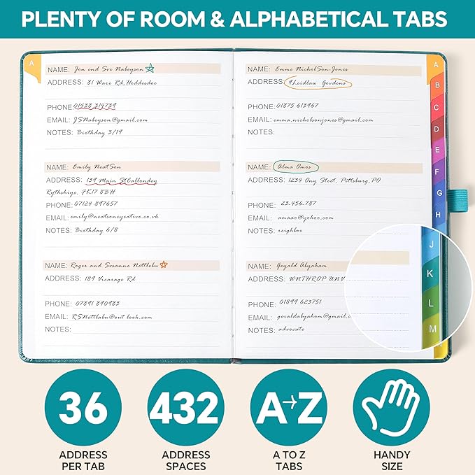 Address Book with Colorful Alphabetical Tabs – Hardcover Contact Organizer - Image 3