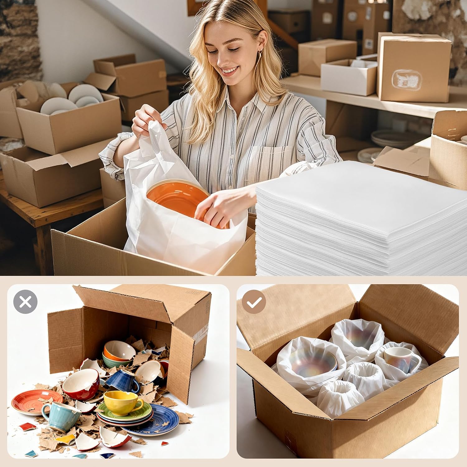 100 Pack Dish Packing Supplies for Moving, 12x12 Inch Cushion Foam Pouches | Large Foam Wrap Pouches Protecting Mugs,Cups,Glass,Frames,China and Dishes, Moving Supplies for Dishes