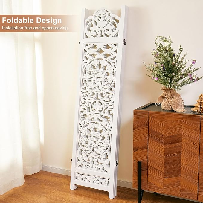 5.75Ft Room Divider Wood Screen, 33Lbs Durable MDF Carved Rustic Style Headboard - Image 5