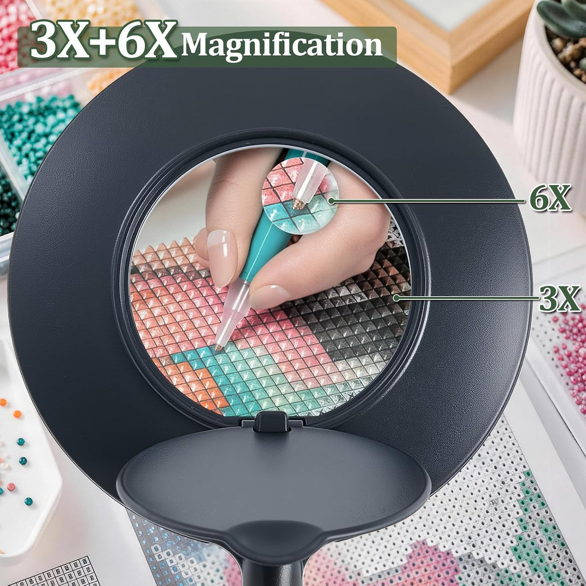3X+6X Magnifying Glass with Light and Stand, Dimmable LED Magnifying Lamp