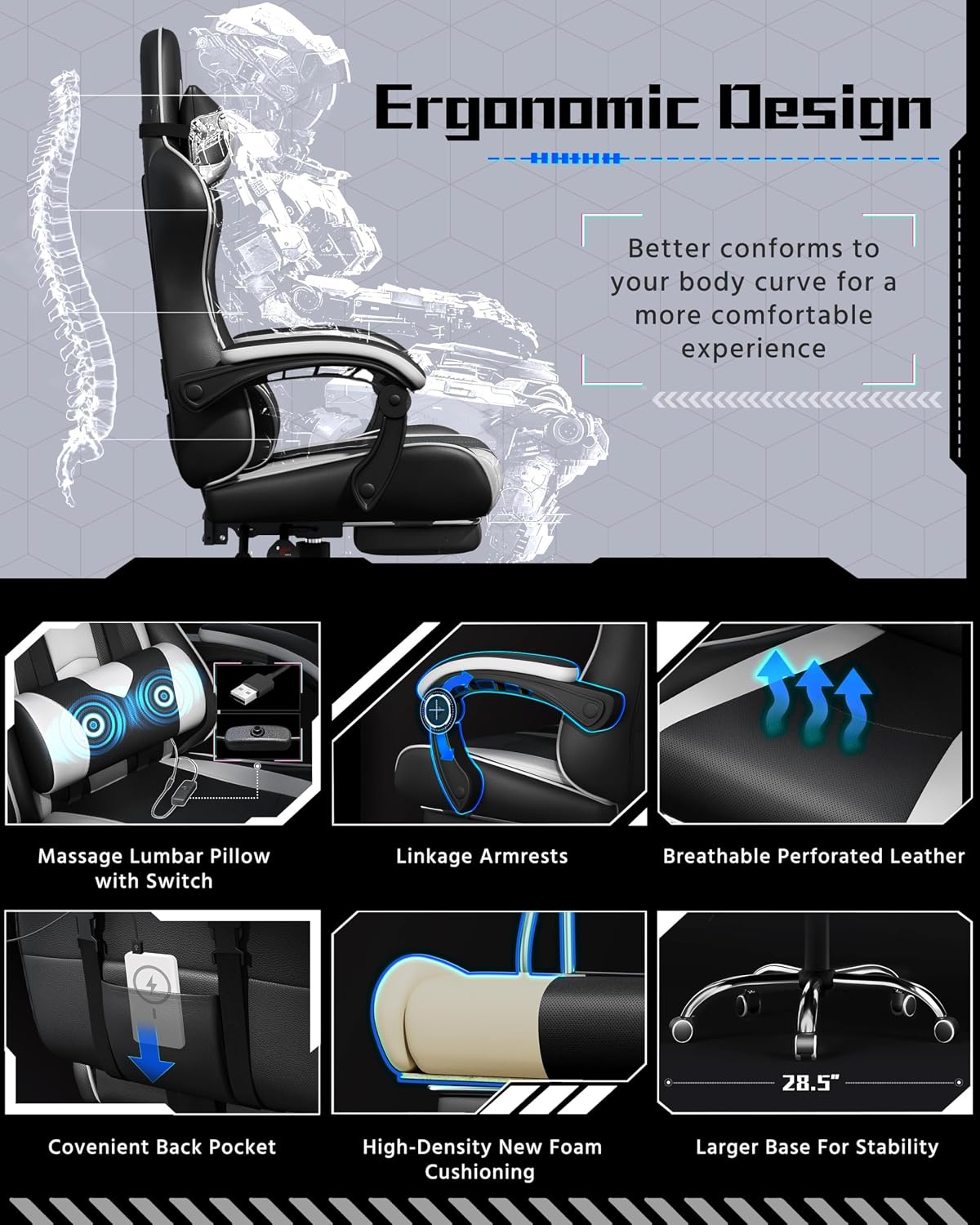 Yaheetech Gaming Chair with Footrest Massage Lumbar Pillow Black and White