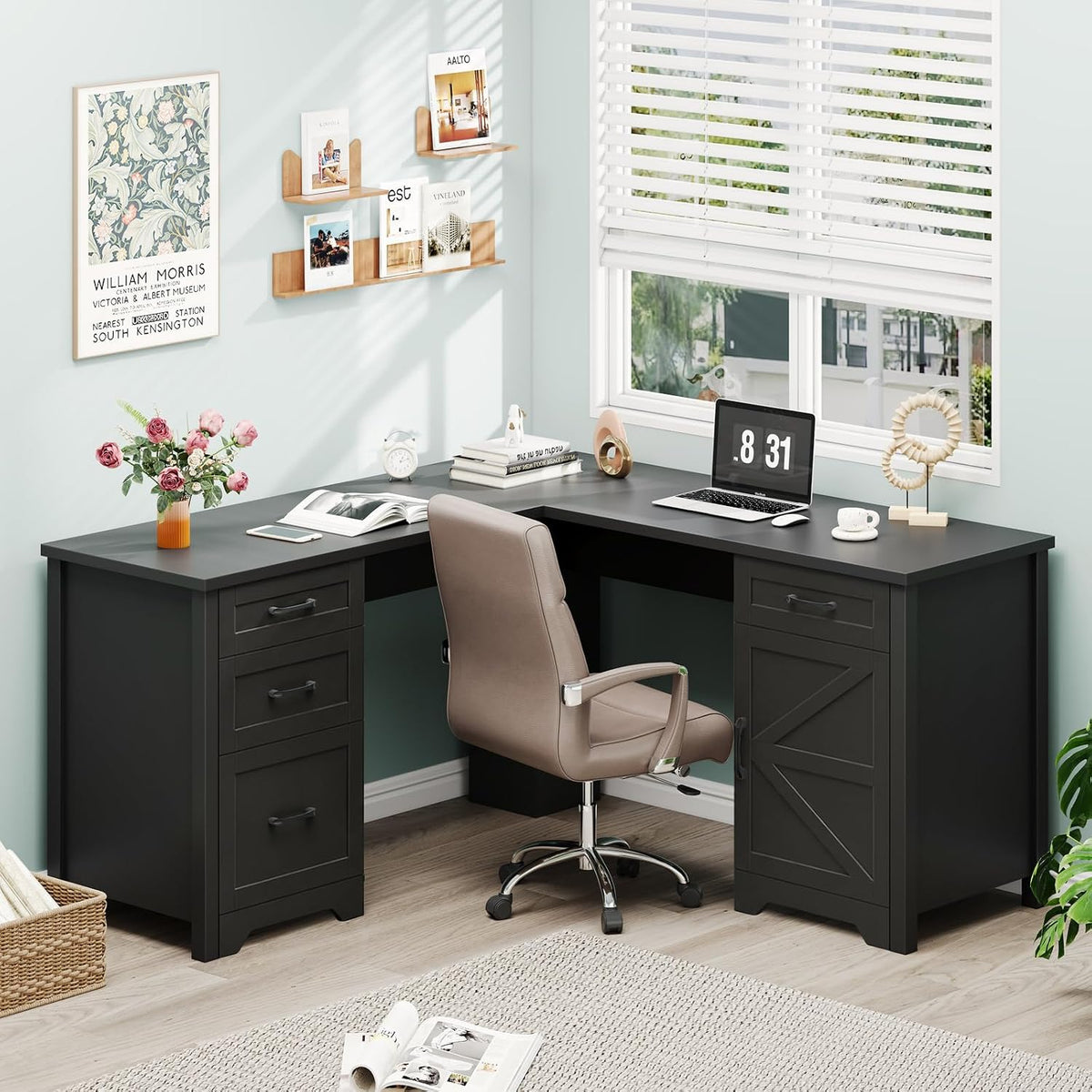Vabches 59” Farmhouse L Shaped Executive Desk with File Drawer, Black