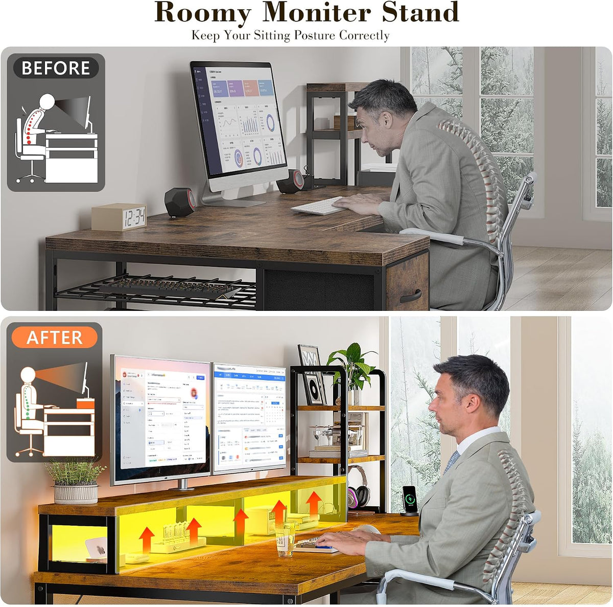 EnHomee 55" Reversible Computer Desk, Hutch, USB & LED, Rustic Brown