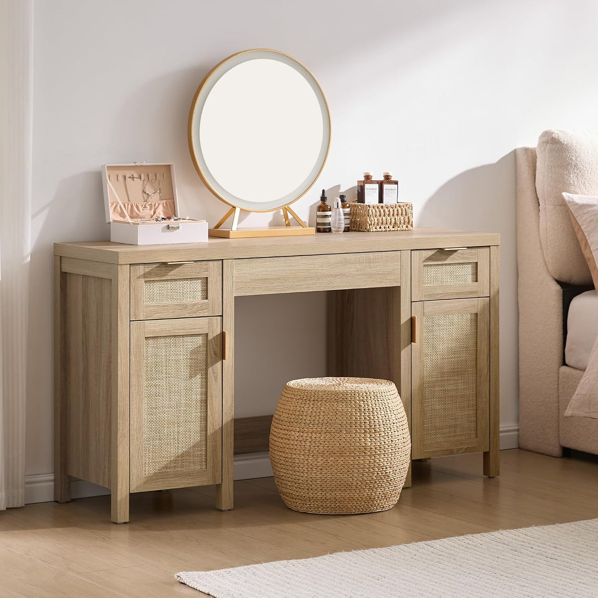 SICOTAS 52" Rattan Vanity Desk with 3 Drawers & 2 Cabinets, Vanity T...