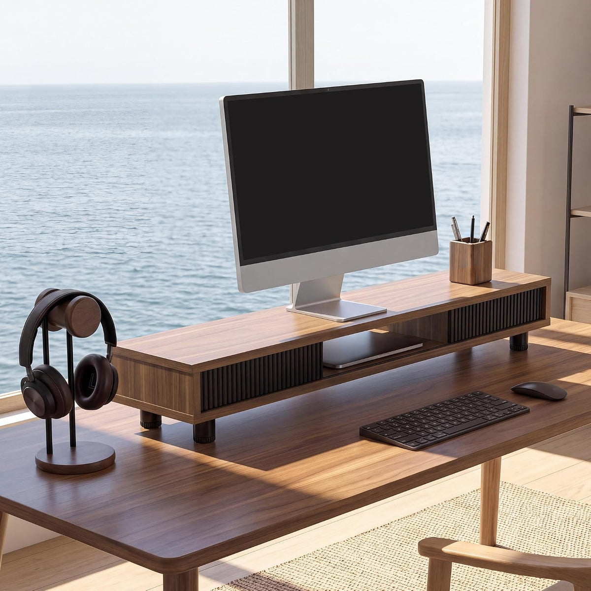 fenge dual monitor stand with storage, desk shelf shown in use